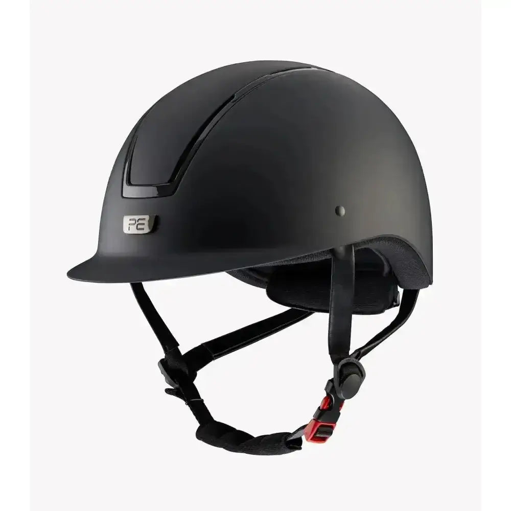 Black matte premier equine endeavour horse riding helmet with sleek design and red accents on adjustable straps