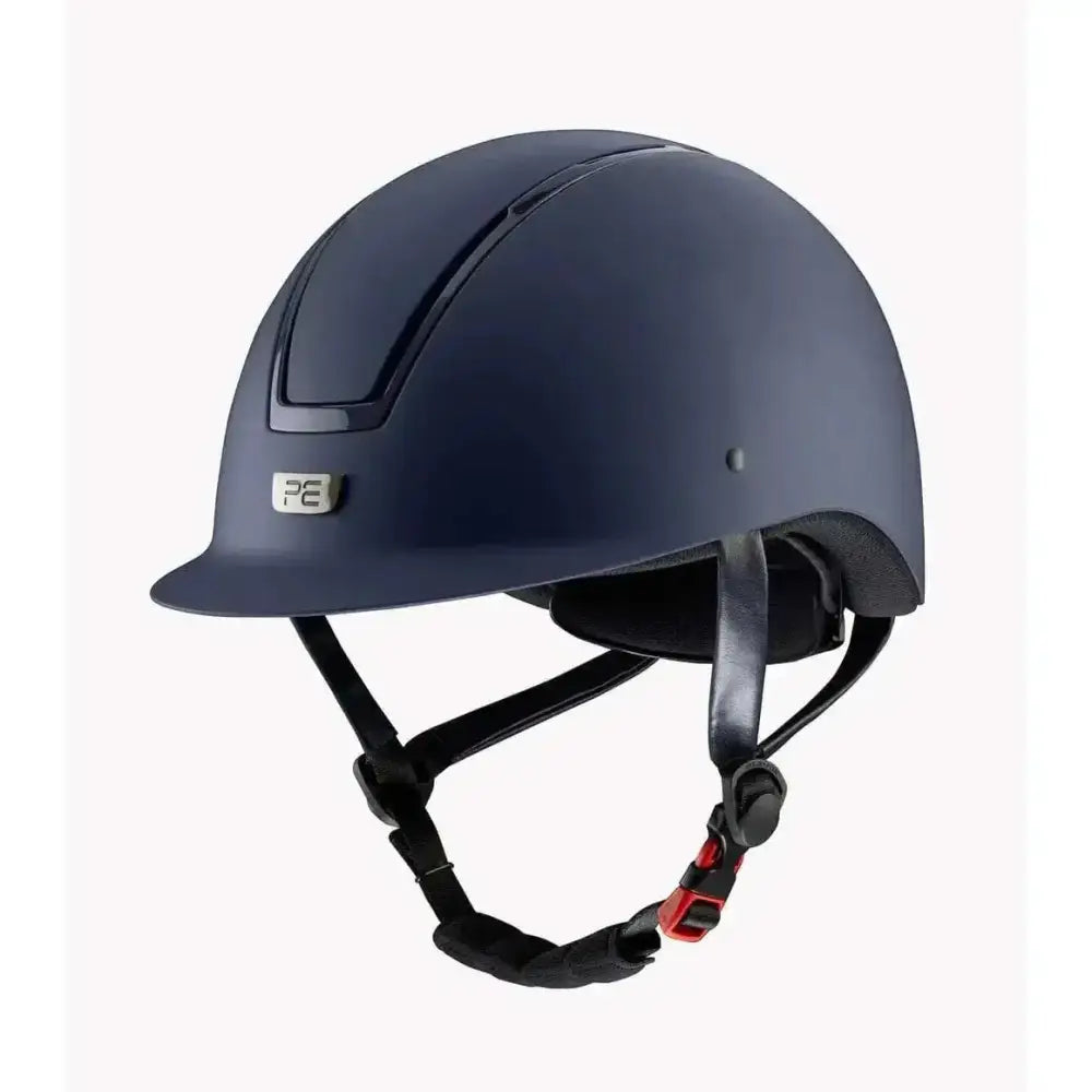 Navy blue premier equine endeavour riding helmet with black straps and red buckle accents for horse riding safety