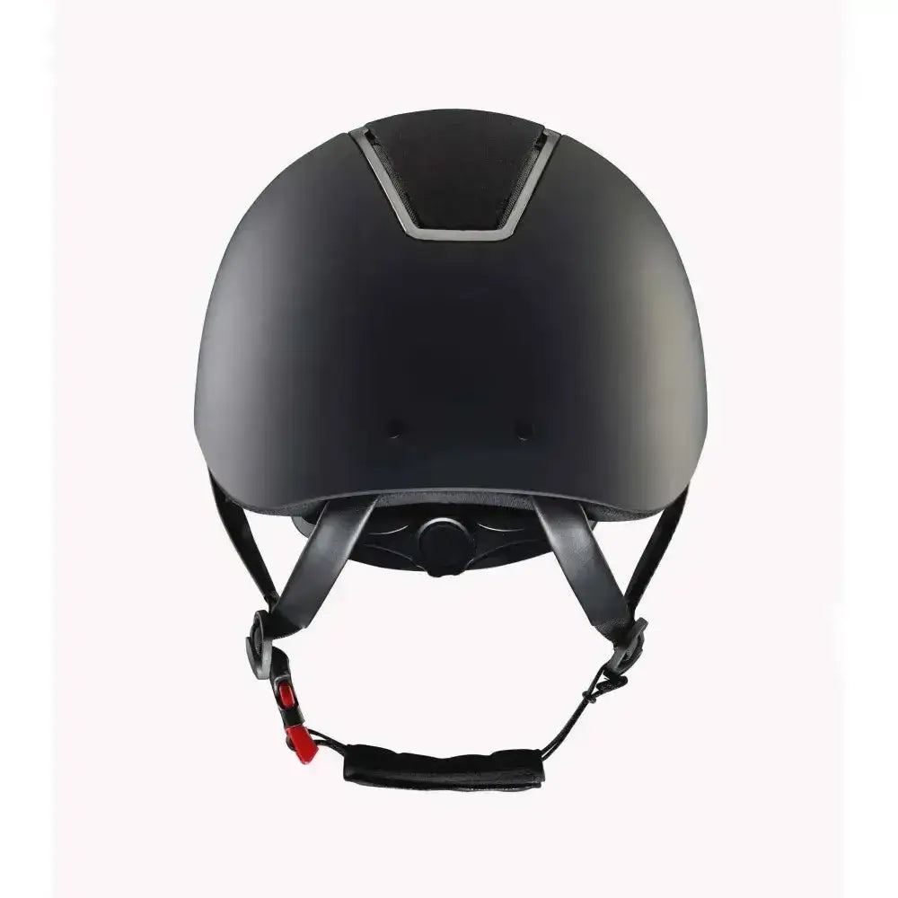 Black matte premier equine odyssey horse riding helmet with silver trim and adjustable straps for comfortable fit