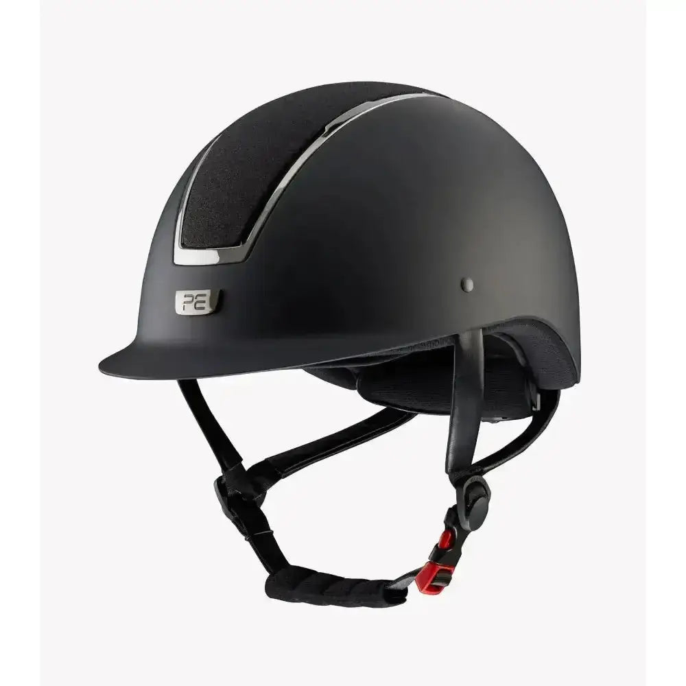 Black matte premier equine odyssey helmet with silver stripe and red buckle for odyssey horse riding use