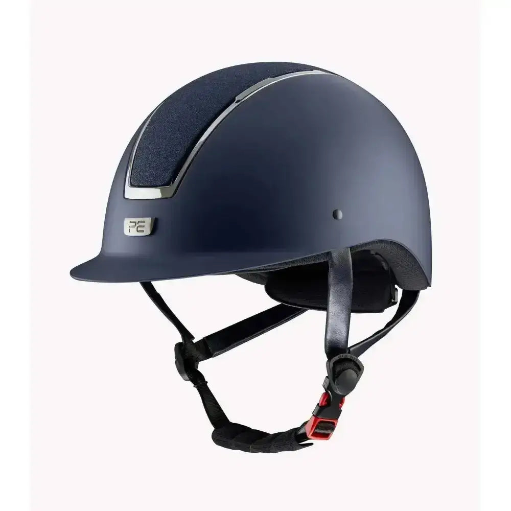 Navy blue premier equine odyssey horse riding helmet with matte finish and silver accent stripe and logo