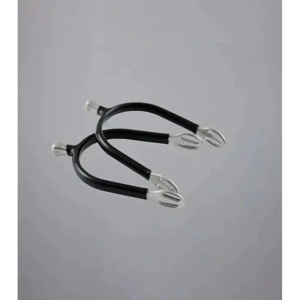 Black and silver horse spur set with sleek curved design featuring premier equine rubber covered bobble spurs