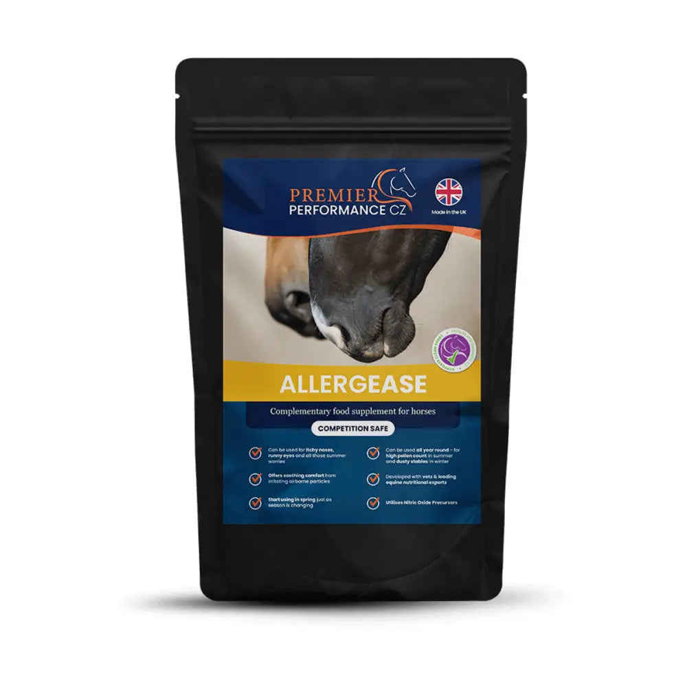 Black resealable pouch of premier performance allergease uniquely formulated for horses to reduce airborne irritants