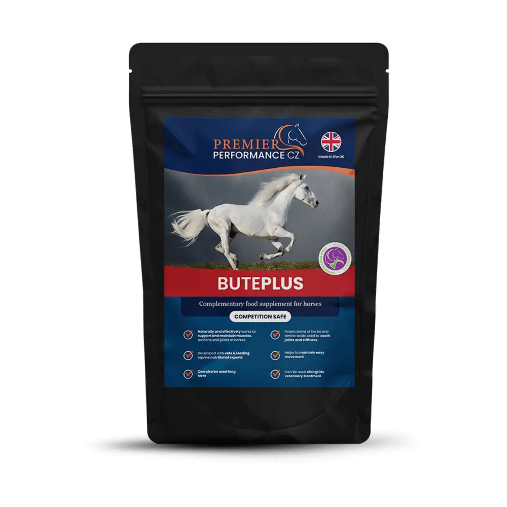 Black resealable pouch of premier performance buteplus equine joint supplements to soothe joints for horses
