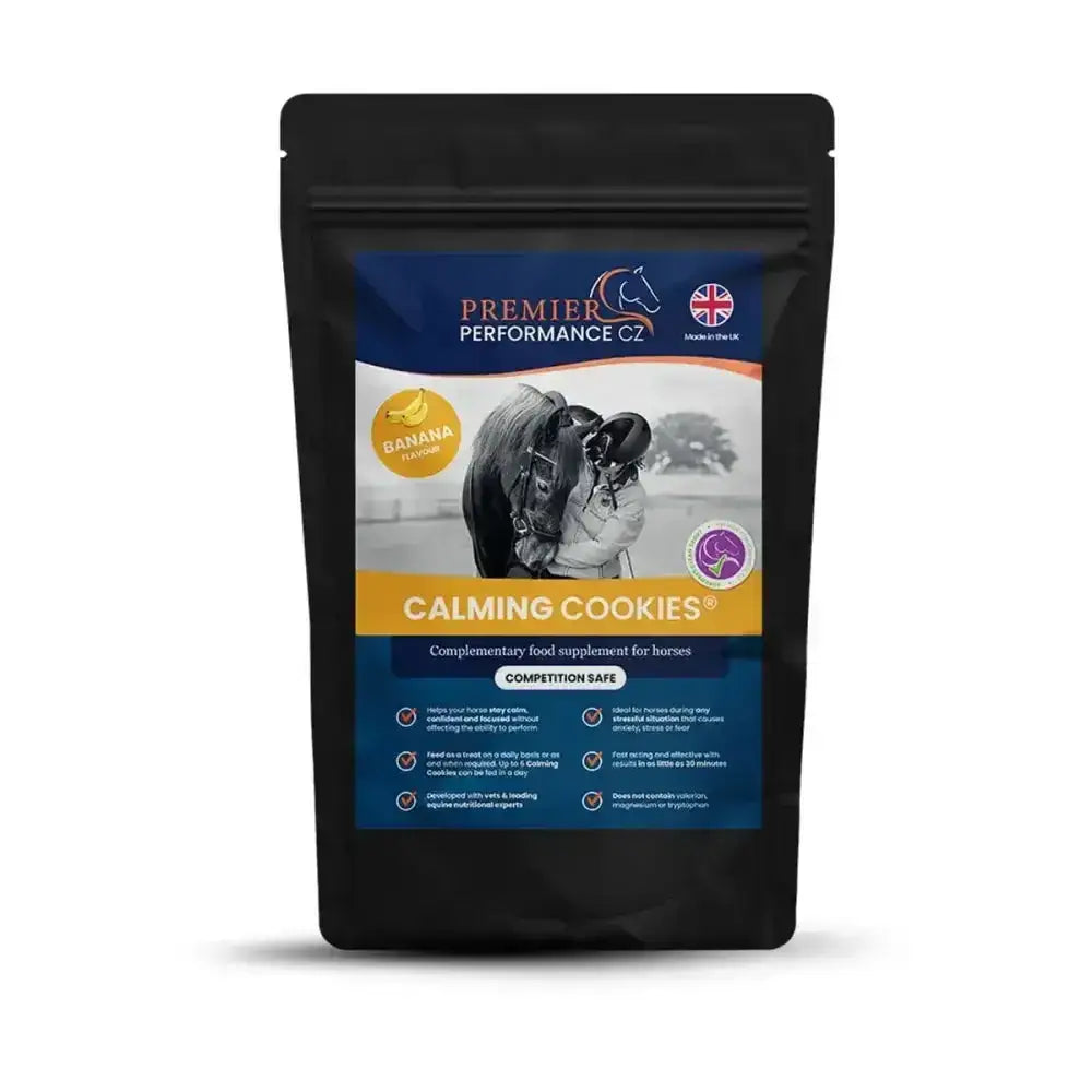 Black resealable pouch of premier performance calming cookies banana flavor nitric oxide supplement for horses