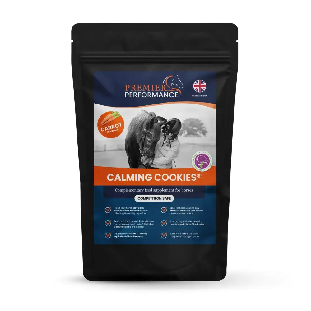 Black resealable pouch of premier performance calming cookies carrot flavored competition safe with nitric oxide support