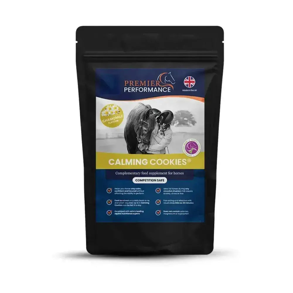 Black resealable pouch of premier performance calming cookies chamomile a completely natural product for horses