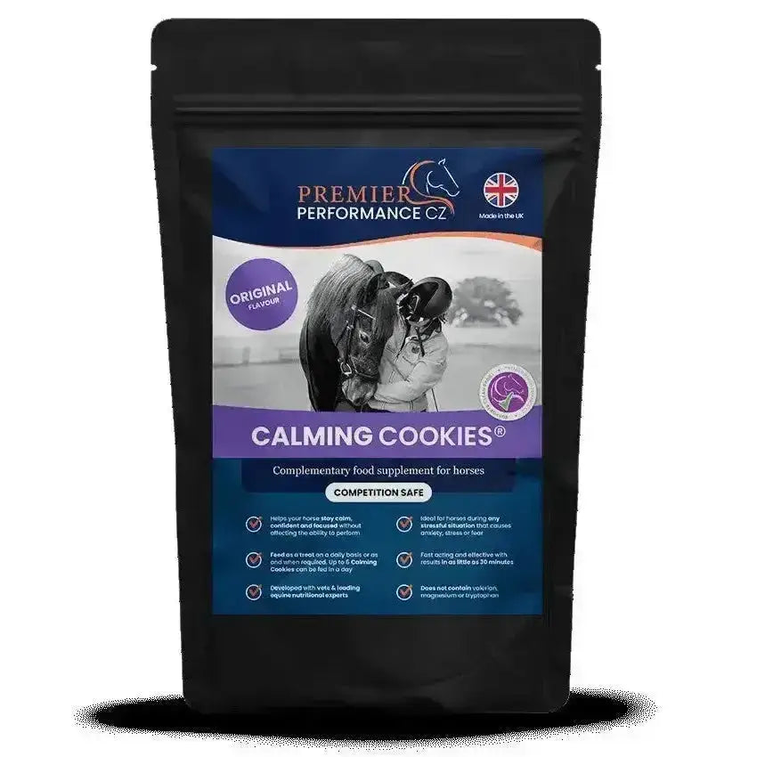 Black resealable pouch of premier performance calming cookies original flavor complementary food supplement for horses