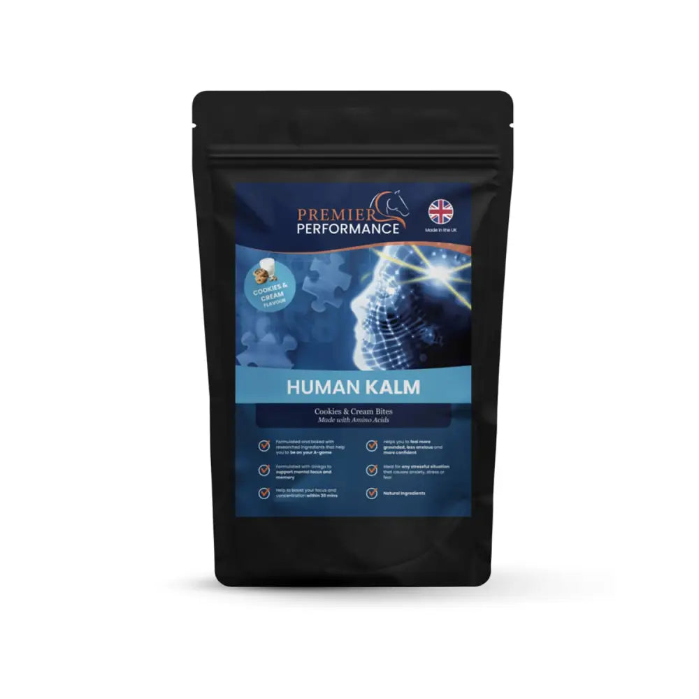 Black resealable pouch of premier performance cookies and cream human kalm bites with blue white label and horse logo