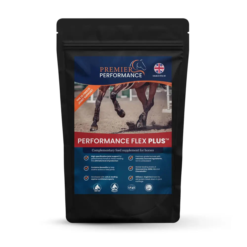 Black resealable pouch of premier performance flex plus equine feed supplement for better horse performance