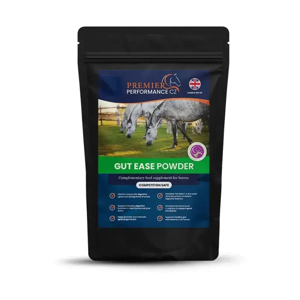 Black resealable pouch of premier performance gut ease powder a complementary feed supplement for horses
