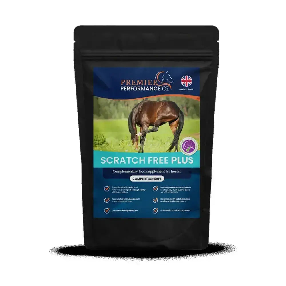 Black resealable pouch of premier performance scratch free plus horse skin care supplement with scientifically balanced blend