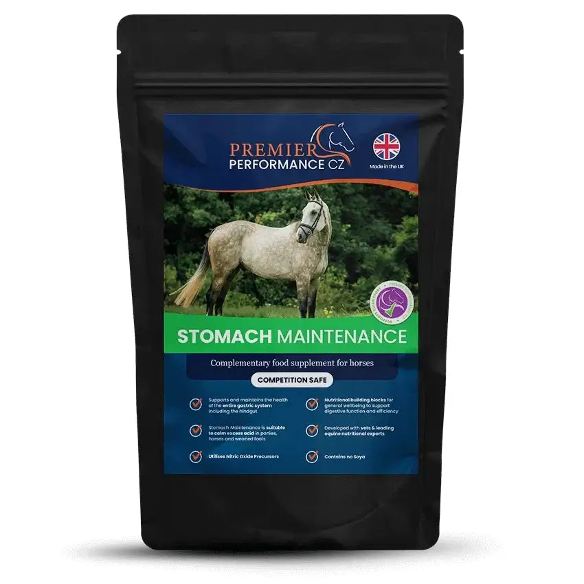 Black resealable pouch of premier performance stomach maintenance supplement to support digestive function in horses