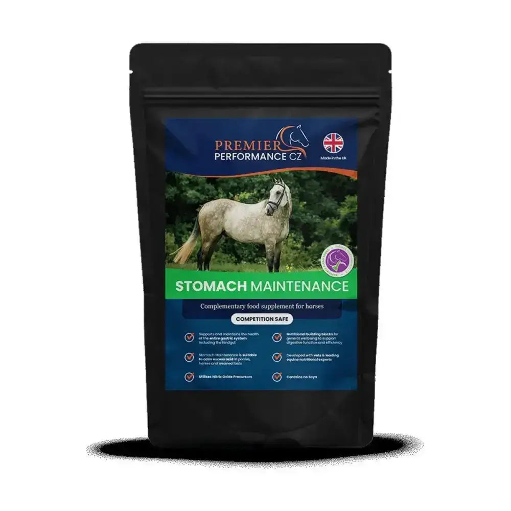 Black resealable pouch of premier performance stomach maintenance with extra calmer for support digestive function in horses