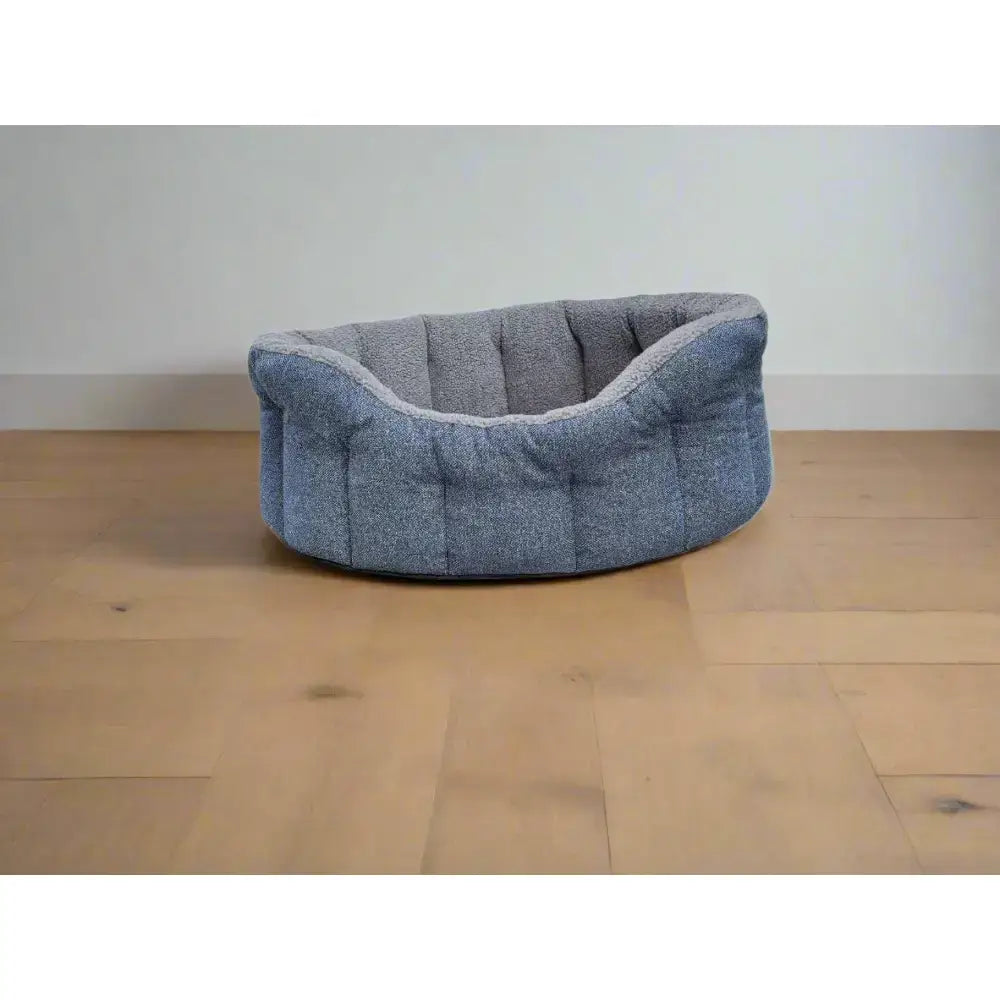 Blue orkney tweed fleece lined bolster bed with plush gray sherpa fleece lining for cozy pet comfort