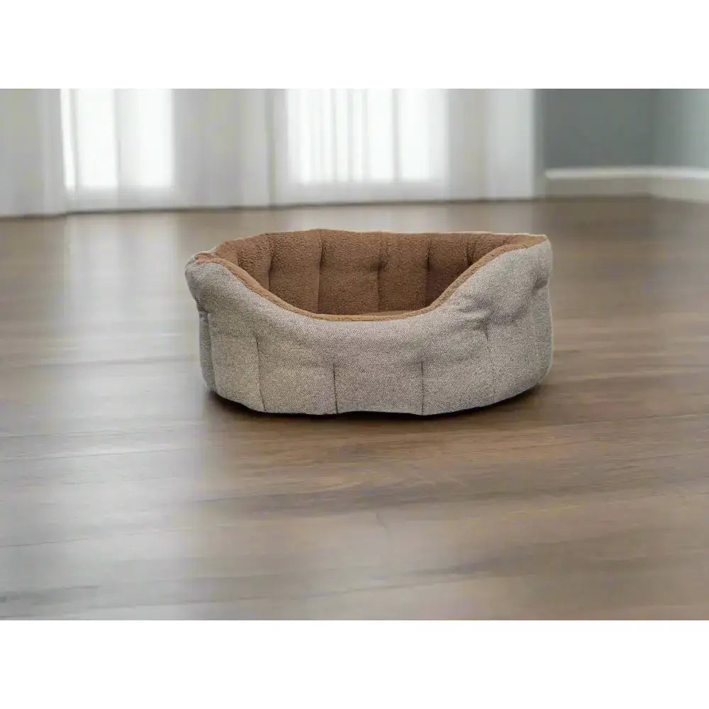 Beige and brown orkney tweed fleece lined bolster bed with soft sherpa fleece lining for pet comfort