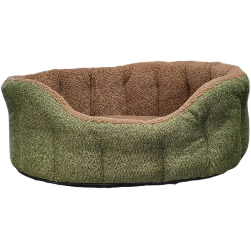 Premium orkney tweed fleece lined bolster bed in olive green and tan with cozy sherpa fleece lining for pets