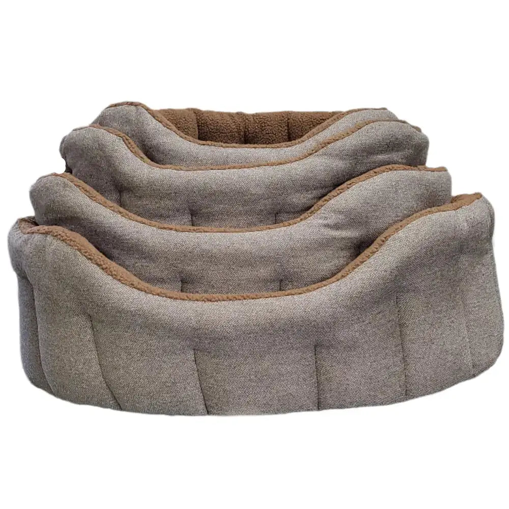 Set of three nested gray and brown orkney tweed fleece lined bolster beds with sherpa fleece lining for pets