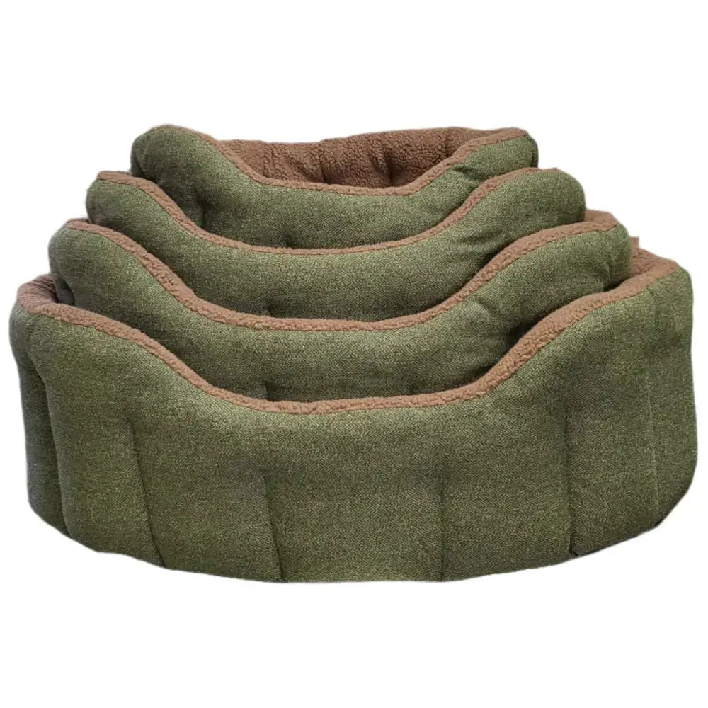 Set of three olive green and brown orkney tweed fleece lined bolster beds with sherpa fleece lining for pets