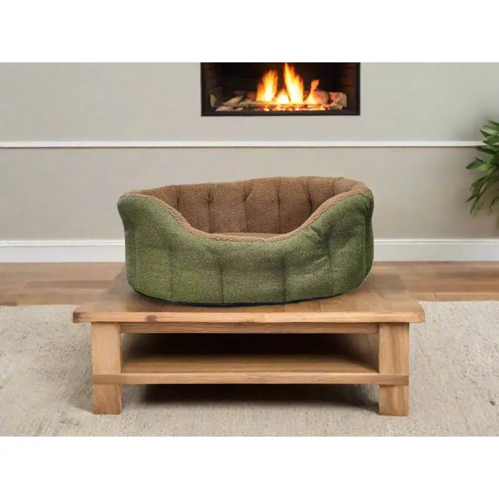 Premium orkney tweed fleece lined bolster bed in green with plush brown sherpa fleece lining for cozy comfort