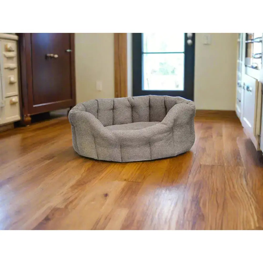 Gray tufted premium orkney tweed oval bed with soft plush fabric rounded edges and 7cm base for cozy pets