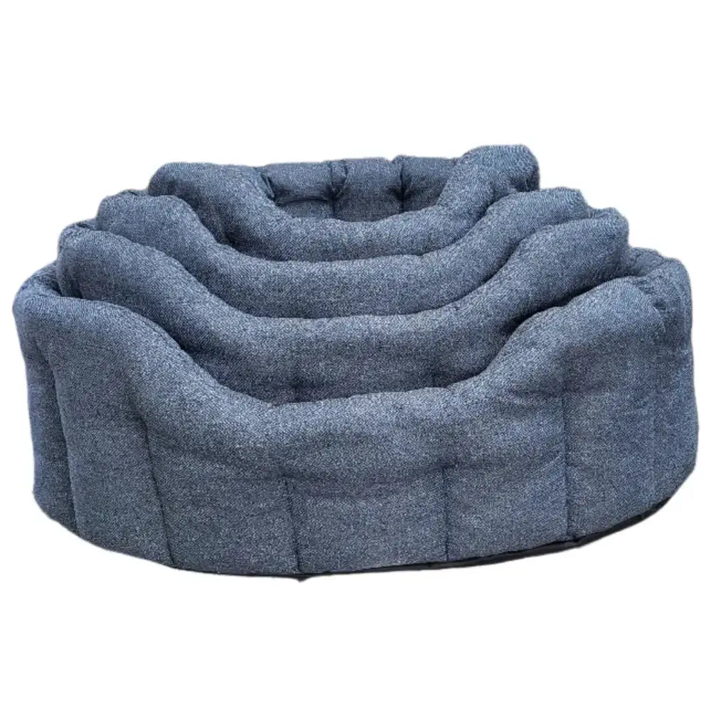 Blue textured premium orkney tweed oval bed with layered cushioned tiers and a 7cm base for pets