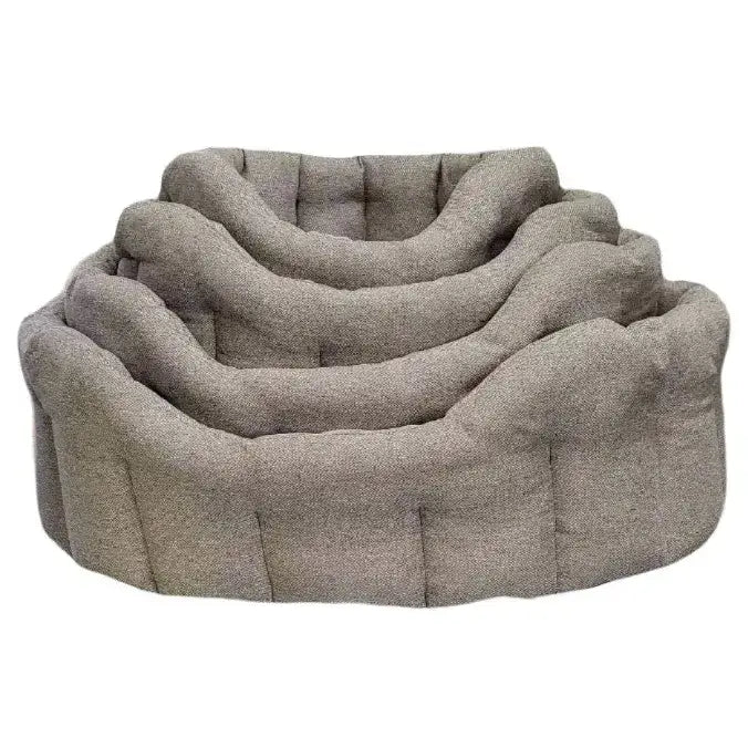 Gray plush premium orkney tweed oval bed with quilted soft fabric and 7cm cushioned base for pets
