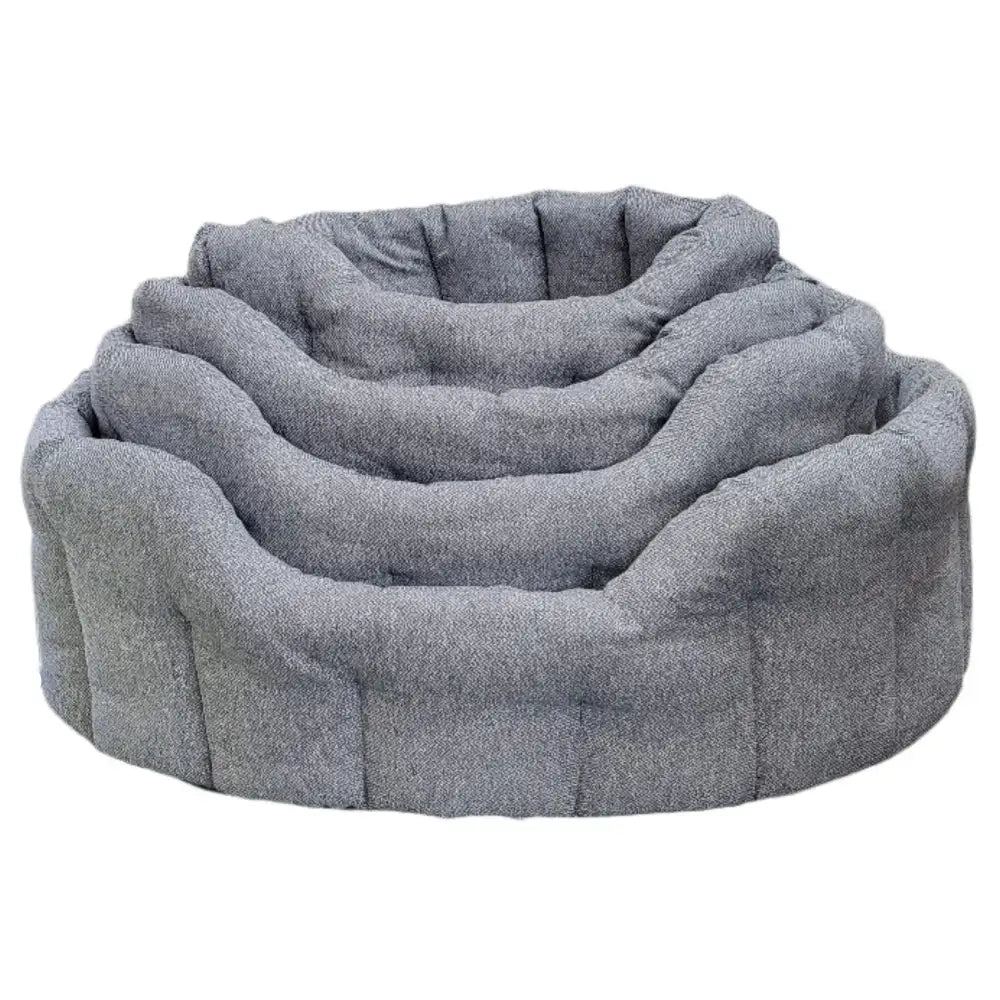 Gray plush premium orkney tweed oval bed with soft textured fabric finish and 7cm base for cozy pet comfort