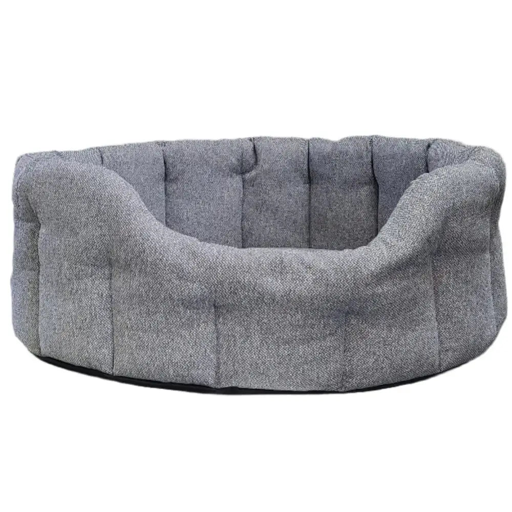 Gray textured premium orkney tweed oval bed with cushioned rounded design and 7cm base for pets