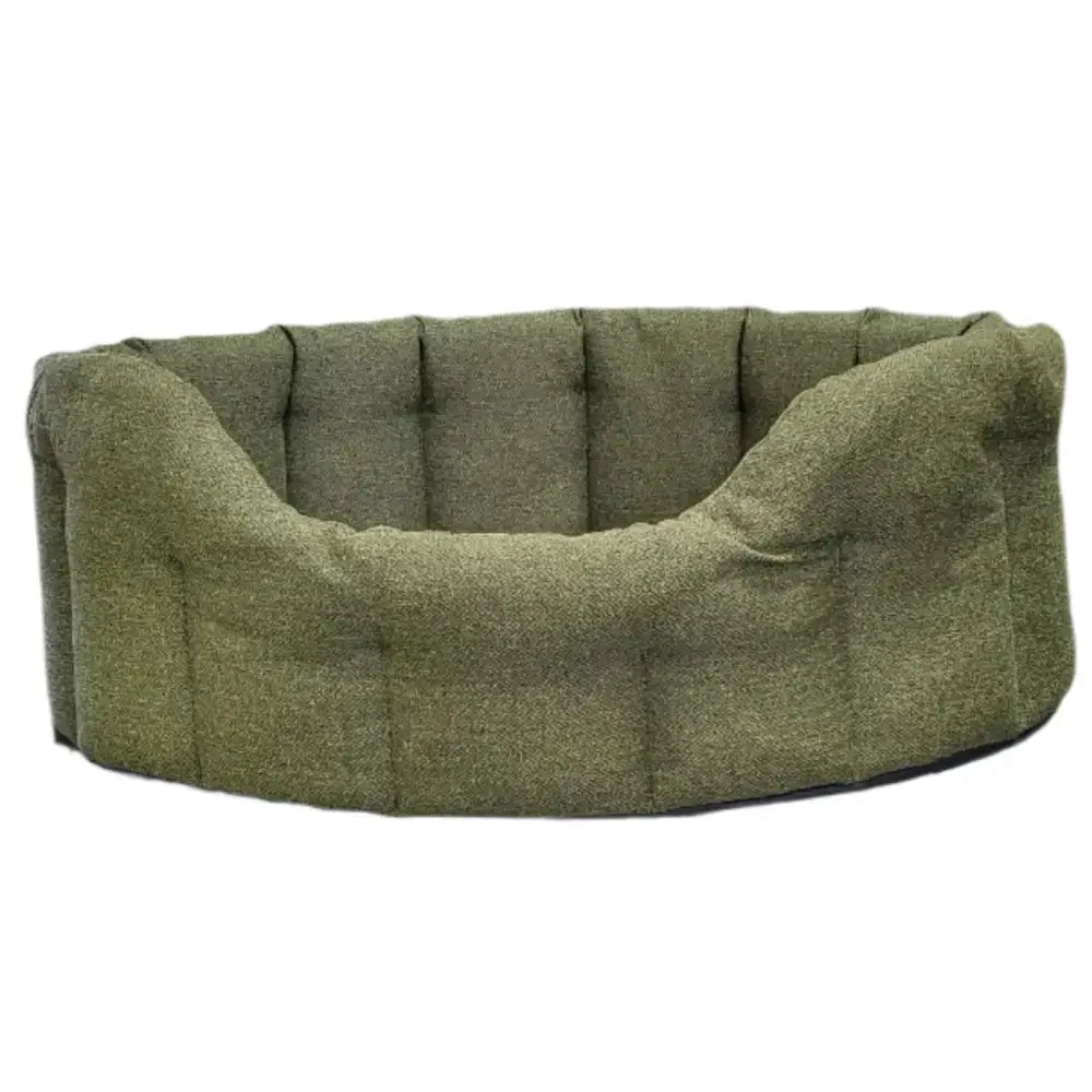 Olive green premium orkney tweed oval bed with 7cm base tufted fabric and cushioned raised sides for pet comfort