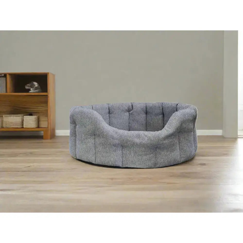 Gray tufted premium orkney tweed oval bed with soft plush fabric rounded edges and 7cm base for cozy pets