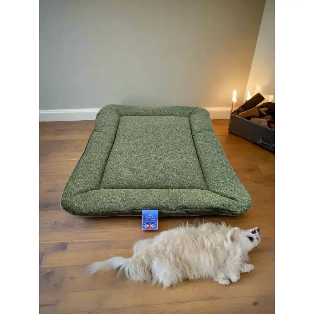 Olive green premium orkney tweed rectangular dog bed with textured fabric and padded edges by p&l country dog beds