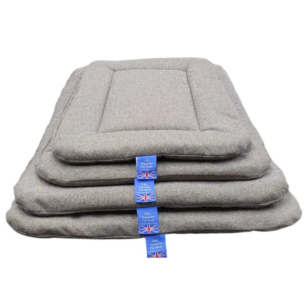Stacked premium orkney tweed rectangular gray textured pet bed pads with blue p and l country dog beds tags