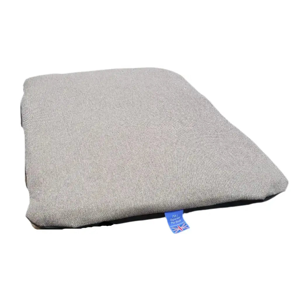 Gray textured fabric pet bed with premium orkney tweed removable cover duvet and blue union jack tag