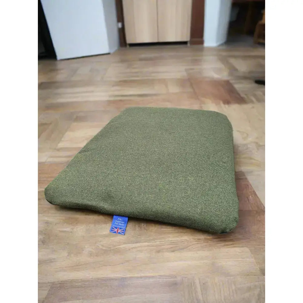Olive green textured premium orkney tweed cushion with union jack tag for removable cover duvet with waterproof base