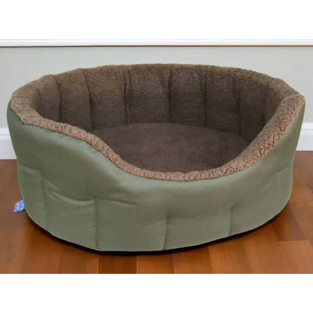 Premium Oval Bolster Style Heavy Duty Fleece Lined Machine Washable Dog Bed Intermediate L51cm X W41cm X H20cm Green with Mushroom Fleece Lining Dog Beds