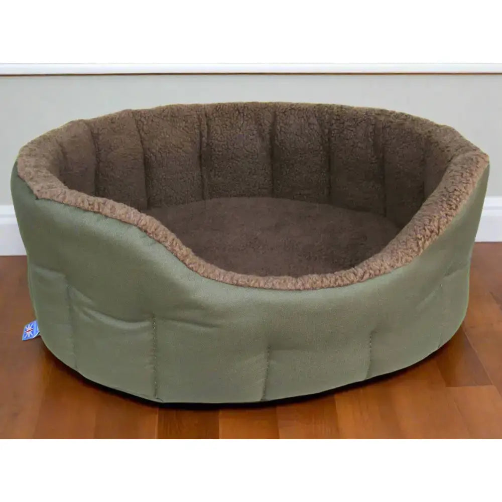 Olive green premium oval bolster heavy duty fleece lined machine washable dog bed with plush brown fleece lining