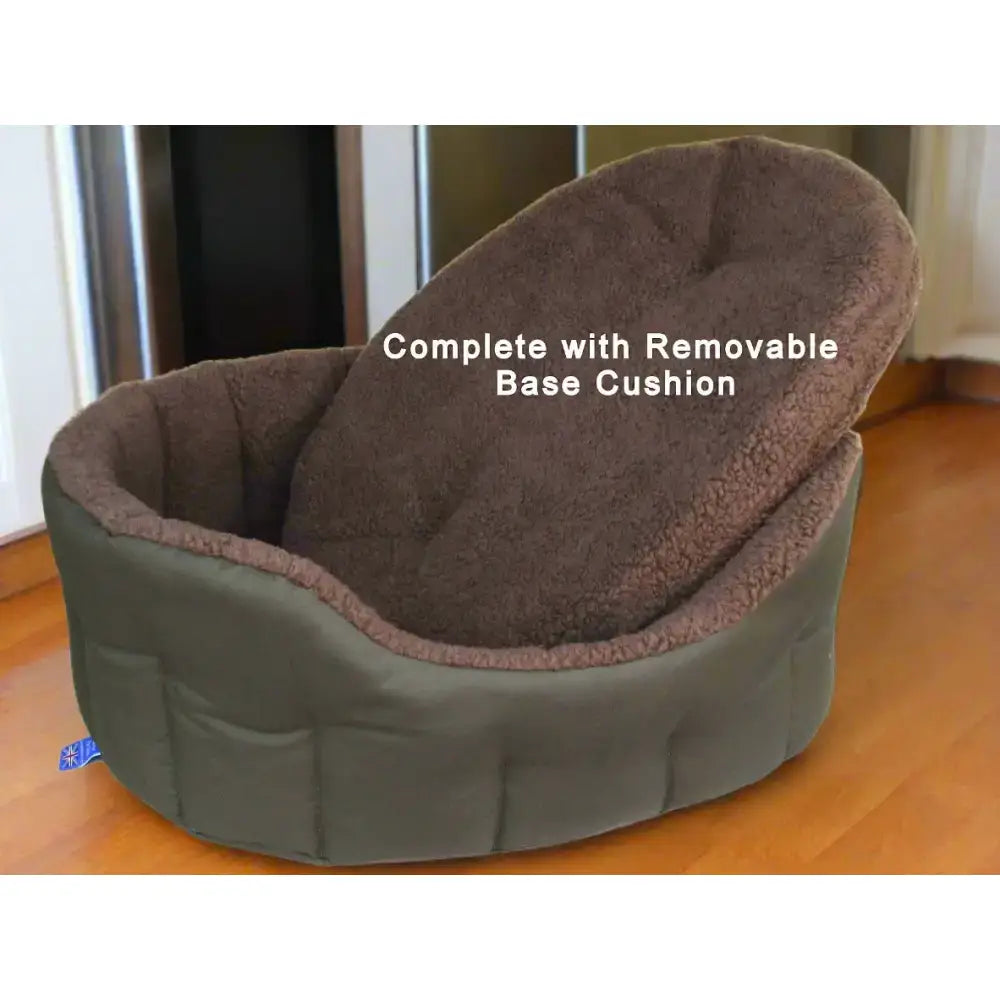 Olive green premium oval bolster heavy duty fleece lined dog bed with removable brown sherpa cushion is machine washable