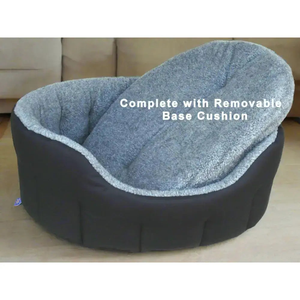 Gray premium oval bolster heavy duty fleece lined dog bed with a removable base cushion and machine washable cover