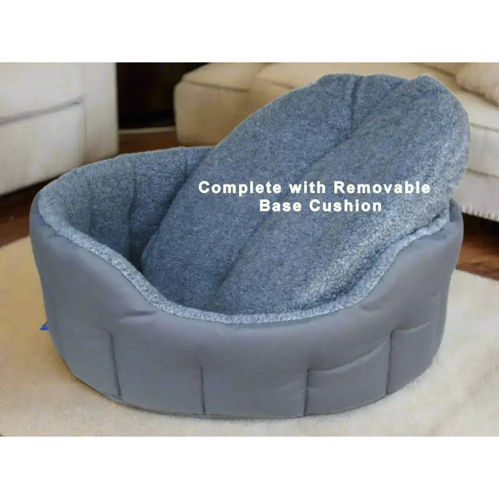 Soft gray premium oval bolster heavy duty fleece lined machine washable dog bed with removable base cushion and texture lining