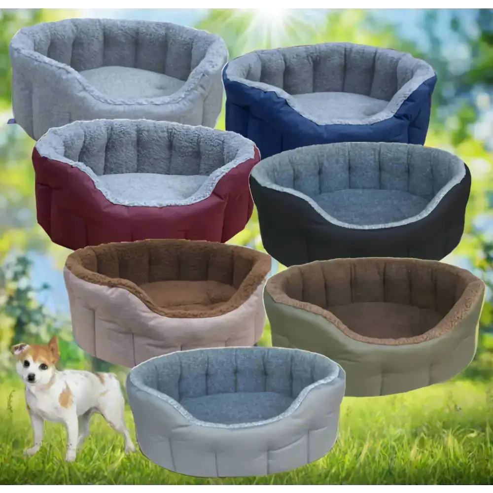 Premium Oval Bolster Style Heavy Duty Fleece Lined Machine Washable Dog Bed Intermediate L51cm X W41cm X H20cm Green with Mushroom Fleece Lining Dog Beds