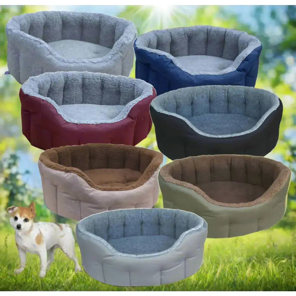 Premium oval bolster heavy duty fleece lined dog bed in gray blue maroon and beige with machine washable quilted exterior