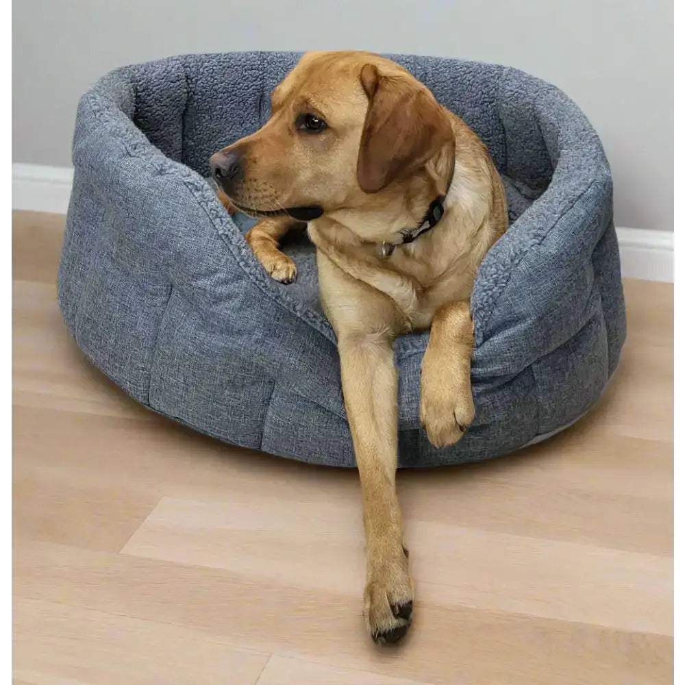 Blue plush premium oval bolster heavy duty fleece lined machine washable dog bed for cozy pet comfort
