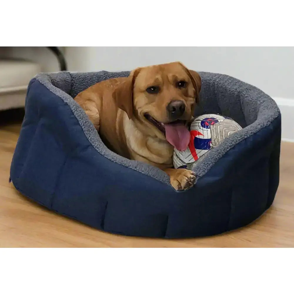 Navy blue premium oval bolster heavy duty fleece lined dog bed with gray sherpa lining and machine washable cover