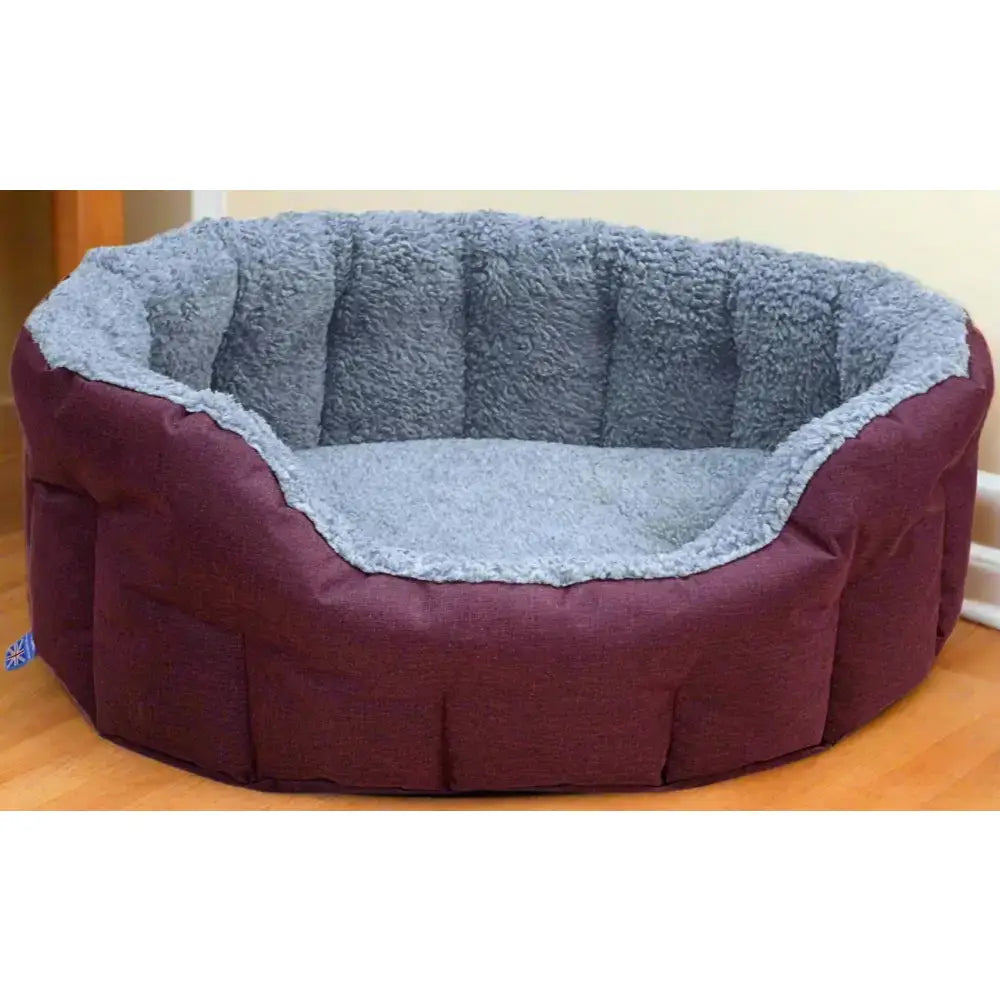 Maroon and gray premium oval bolster pet bed with heavy duty fleece lined sherpa interior machine washable dog bed
