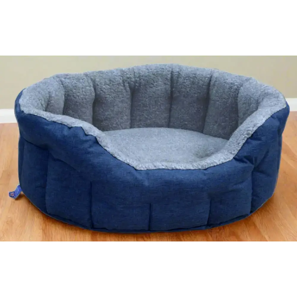 Premium Oval Bolster Style Heavy Duty Fleece Lined Machine Washable Dog Bed Intermediate L51cm X W41cm X H20cm Navy Blue with Silver Fleece Lining Dog Beds