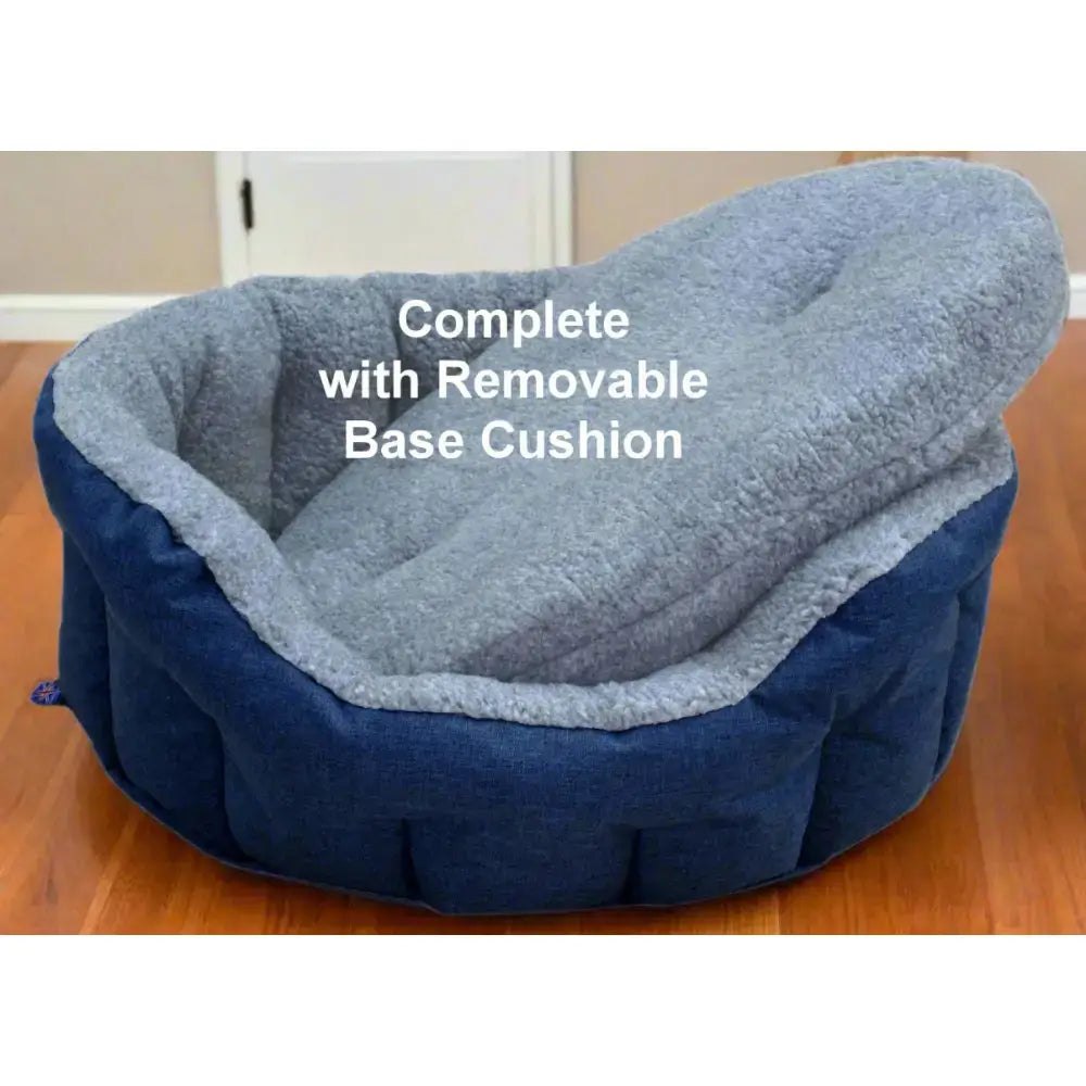 Blue and gray premium oval bolster style heavy duty fleece lined machine washable dog bed with removable base cushion