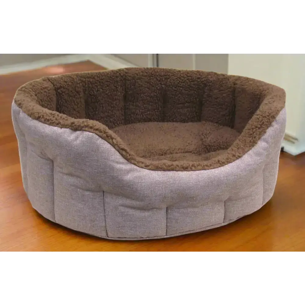 Premium Oval Bolster Style Heavy Duty Fleece Lined Machine Washable Dog Bed Intermediate L51cm X W41cm X H20cm Light Brown with Mushroom Fleece Lining Dog Beds
