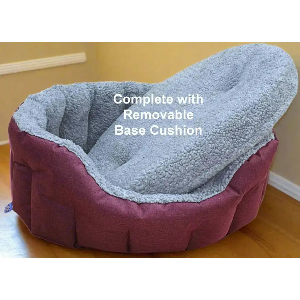 Cozy two-toned premium oval bolster pet bed with plush gray sherpa interior and heavy duty fleece lined maroon shell