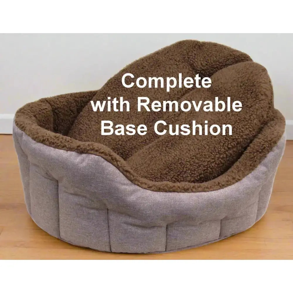 Gray and brown premium oval bolster heavy duty fleece lined dog bed with removable cushion and machine washable cover
